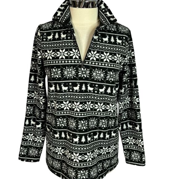 Lands' End Women's Black & White Fair Isle 1/4 Zip Fleece Pullover Casual - Picture 2 of 10